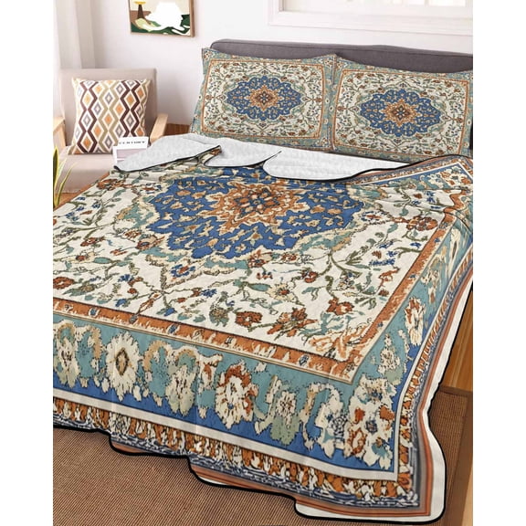 Ethnic Rustic Queen Size Down Alternative Comforter,Lightweight Comforter Quilt Bedding Set with Pillow Shams Boho Southwestern Antique Orange Blue Green Bed Comforter Duvet Insert 90"x96"