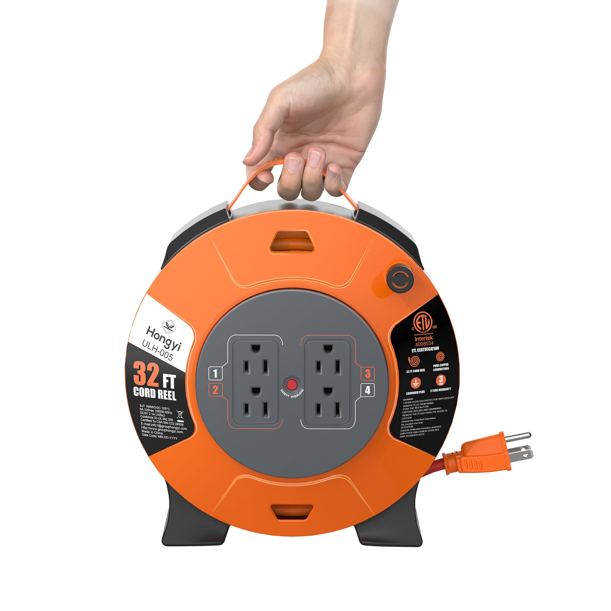 Hongyi Extension Cord Reel 32ft,16AWGX3C,SJT,4-Outlet,Orange