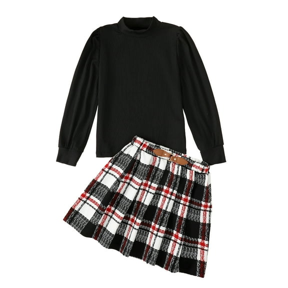 Kucnuzki 7T Little Girl Fall Winter Outfits Skirts Sets 8T Long Sleeve Stand Collar Plain Stylish Pull-Over Top Elastic Lattice Pleated Skirts 2PCS Set Black
