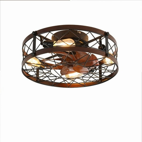 20" Black Caged Ceiling Fan with Light - Flush Mount Farmhouse Style, Remote Control, Reversible Motor, 6-Speed, Includes 5 E26 Bulbs, for Bedroom/Living Room