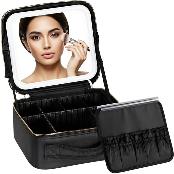 Bolsa de maquillaje IPOW Travel con espejo LED, 3 ajustes de luz, color negro
