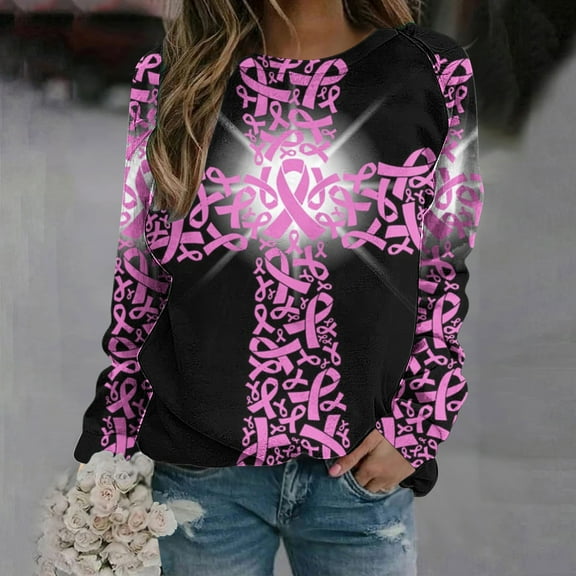 Jsaierl Women's Breast Cancer Shirts Pink Ribbon Graphic Sweatshirts Teen Girls Long Sleeve Tops Plus Size Strong Breast Cancer Awareness T-shirts