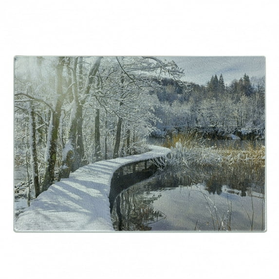 Winter Cutting Board, Real Image of a Snow Covered Boardwalk in Forest with Lake Reflections, Decorative Tempered Glass Cutting and Serving Board, in 3 Sizes, by Ambesonne