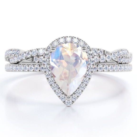 JeenMata Halo Pave Design - 1.25 Carat Teardrop Rainbow Moonstone and Moissanite - Infinity Twisted Shank Wedding Ring Set - 18K White Gold Plating over Silver