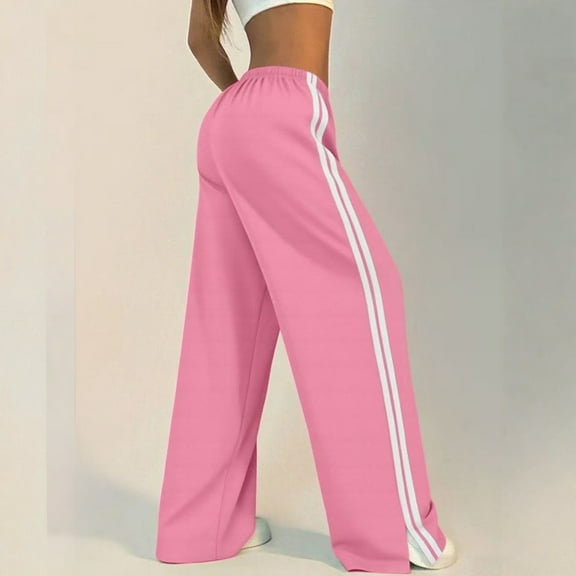 Women's Solid Color Casual High Waisted Loose Fit Athletic Pants with Side Stripes, Sporty Sweatpants, Elastic Waist Joggers for Running Yoga Women's Trousers,Pink,S