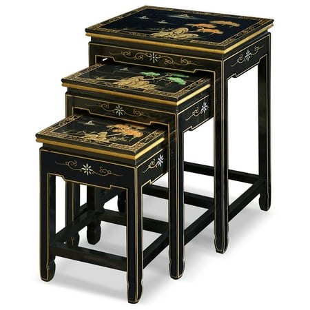 Hand Painted Furniture Nj China Furniture and Arts Nesting Tables in Black Lacquer Finish with Hand Painted Scenery ()