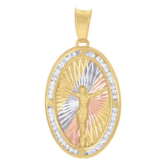 10kt Real Tri-Color Gold Mens Cubic-Zirconia Crucifix Jesus Religious Charm Pendant