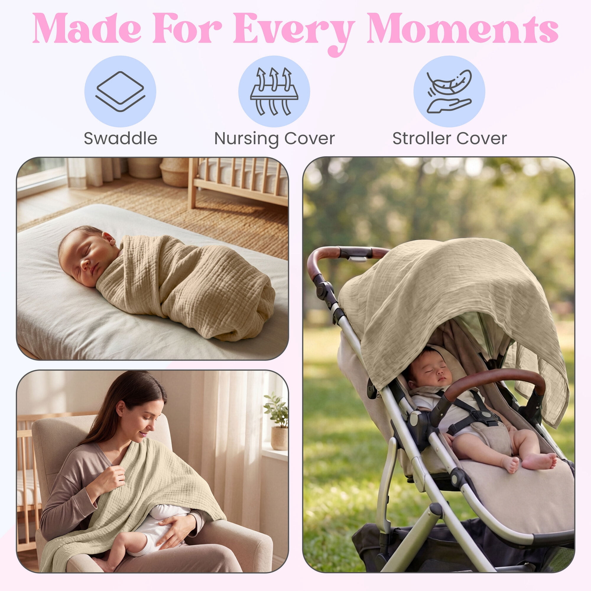 Mère & Moi: Muslin Baby Blanket – 2 Pack, Sand & Cream - 40x36", Double Layer Cotton Swaddle, Lightweight-Breathable, Oeko-TEX, Newborn-Toddler Wrap
