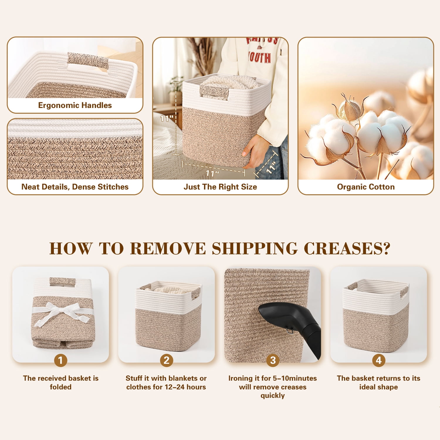 Natubeau 3 Pack Woven Storage Basket for Shelves, 11 Inch Cube Storage Bins, Cotton Rope Woven Baskets for Organizing, Gradient Jute