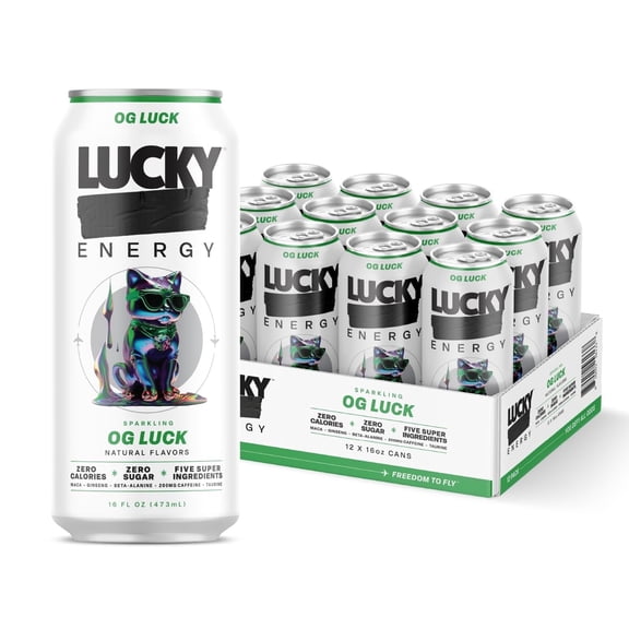 Lucky Energy Sugar Free Energy Drinks, OG Luck, 16oz Cans (12-Pack) Healthy, Zero Sugar Energy Drink with Maca, Ginseng, Beta-Alanine, Taurine & 200mg Caffeine