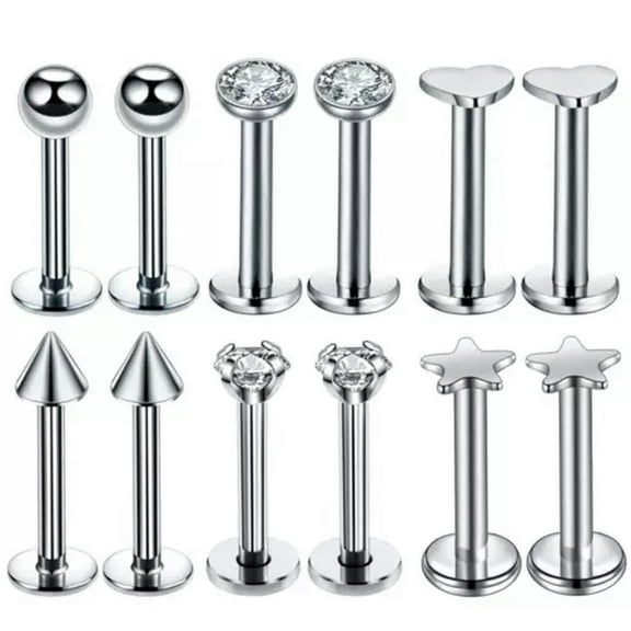 K-KED 12 PCS Labret Bar Monroe Piercing Set CZ Zirconia Lip Stud Tragus Body Jewelry-Black
