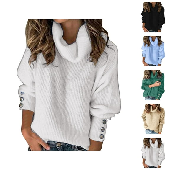 Womens Knitted Sweater Winter Fashion Solid Color Bow Collar Button Detail Casual Warm Long Sleeve Top for Fall and Winter