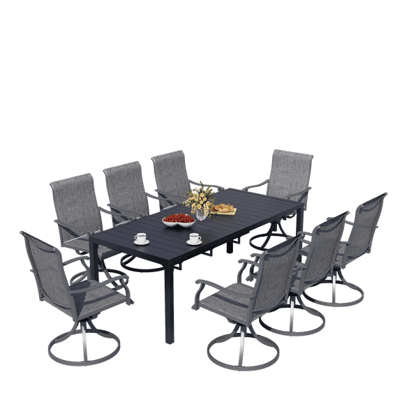 MEOOEM 9-Piece Outdoor Dining Set - 8 Textilene 360° Swivel Arm Chairs   1 Expandable Pull-Out Table, Quick-Dry, Rust-Resistant for Large Patio Gatherings
