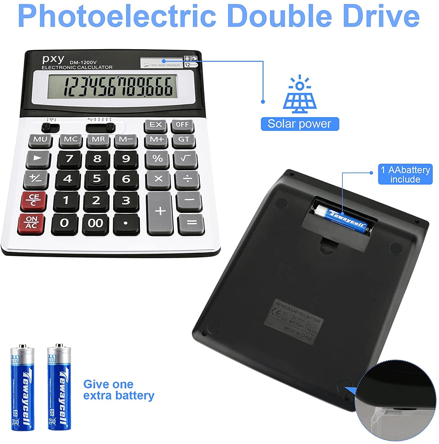 Desk Calculator 12 Digit Extra Large LCD Display, Touch Comfortable with Big Buttons,  Two Way Power Battery and Solar Standard Function Office Calculators