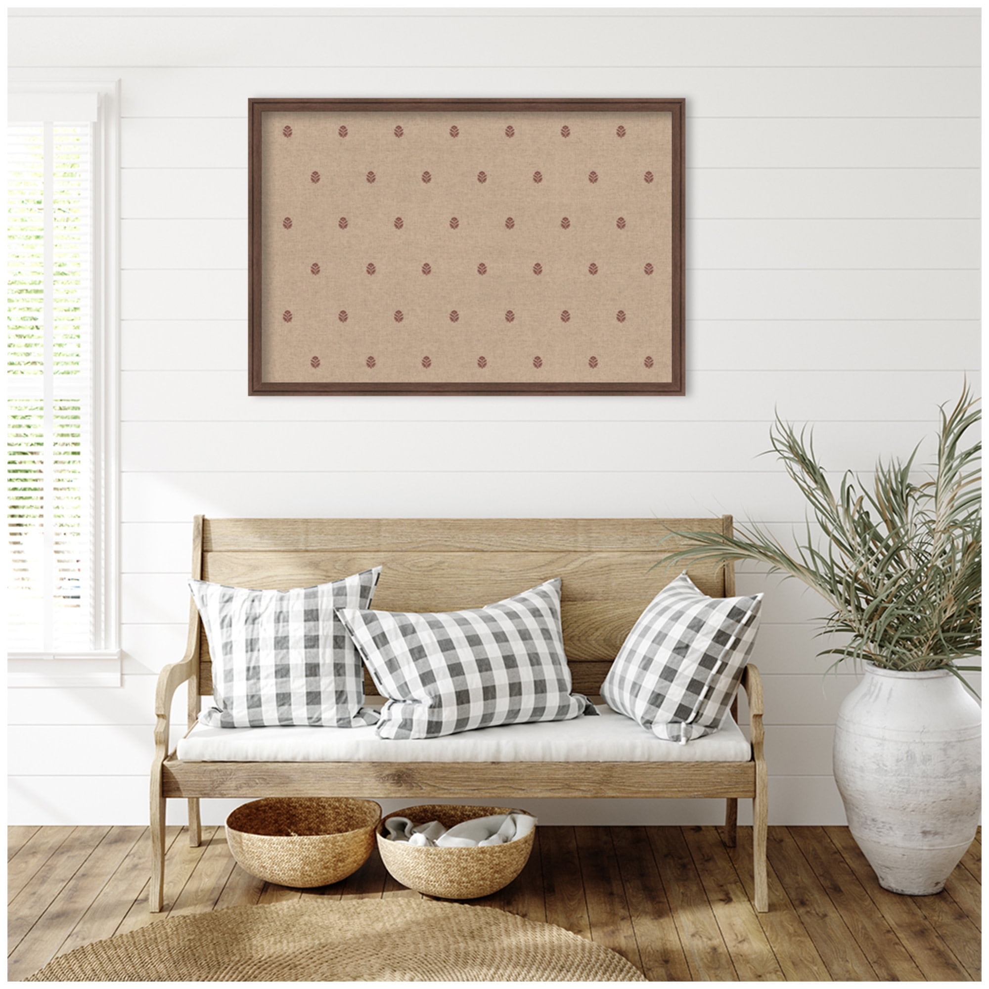 Kate and Laurel Framed Fabric Pinboard 38 x 26, Red Botanical Block Print Printed Linen Classic Bulletin Board for Use as a Vision Board or Wall Organization, Florence Medium Brown Frame