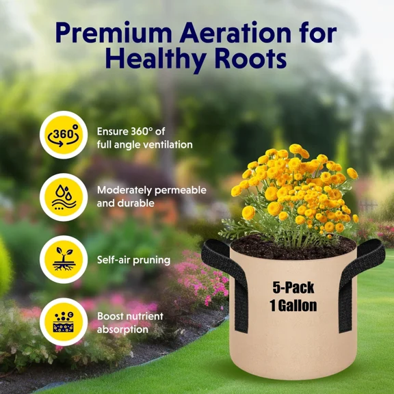 PURELY- 5-Pack 1 Gallon Plant Grow Bags For Garden Fruits Vegetables And Flowers Tan