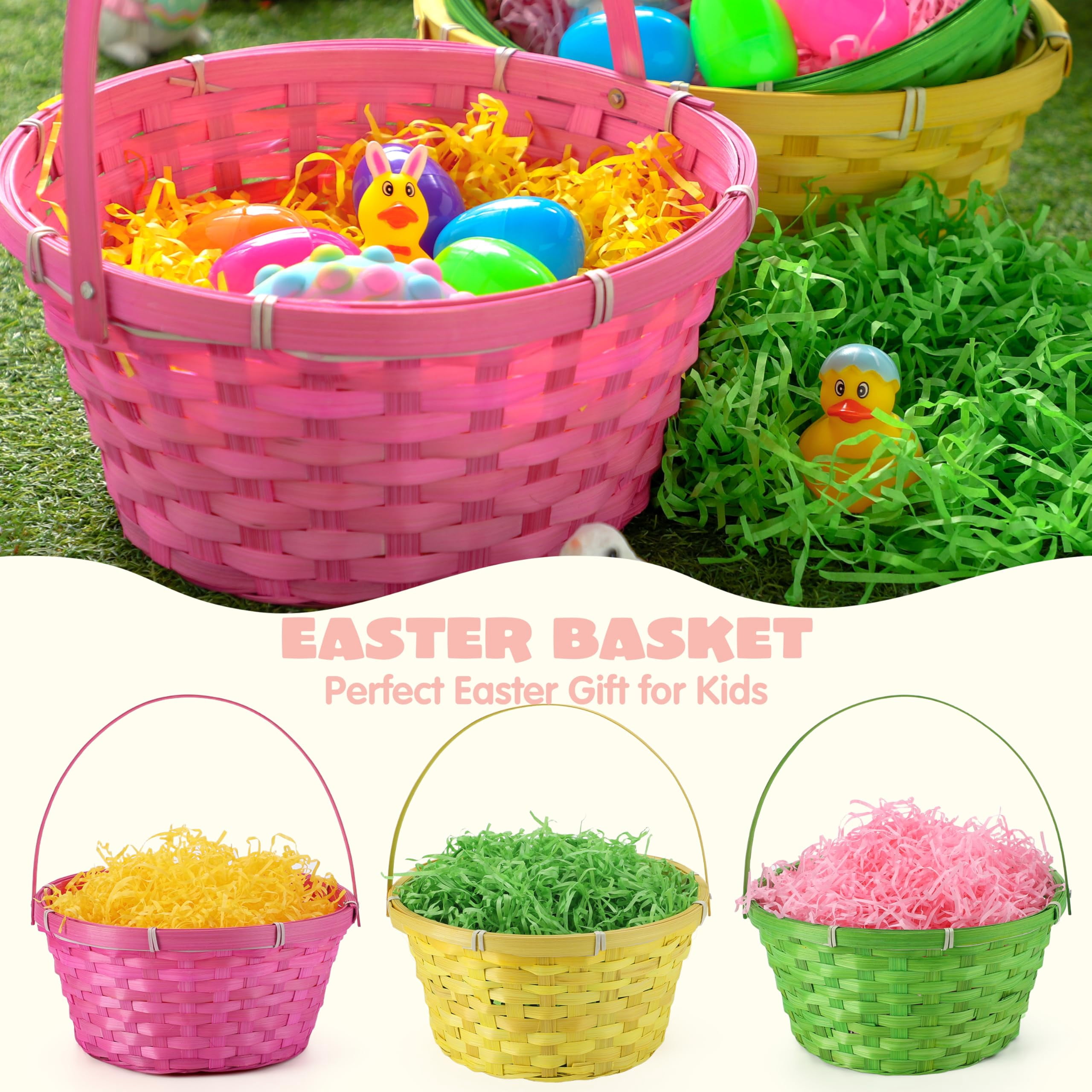 3 Easter Baskets With Handle And 3 Colors Grass Paper Shreds  Empty Gift Basket For Egg Hunt Party Supplies Filling Candy & Favors (yellow Pink Green)