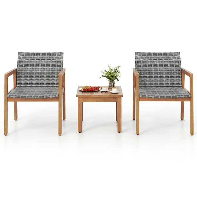 Gymax 3 Pieces Outdoor Furniture Set Acacia Wood Frame Sofa Set w/ Rattan Seat