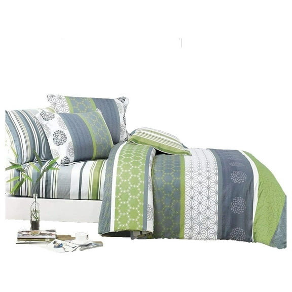 Serene 3-Piece 100% Cotton Bedding Set: Duvet Cover and Two Pillow Shams (Full) White Grey Lettuce Green