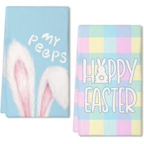 Easter Kitchen Towels Set of 2,Buffalo Plaid Bunny Ears My Peeps Dish Towels 18x26 Inch Drying Dishcloth,Farmhouse Holiday Seasonal Spring Decorations
