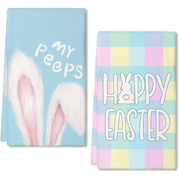 Easter Kitchen Towels Set of 2,Buffalo Plaid Bunny Ears My Peeps Dish Towels 18x26 Inch Drying Dishcloth,Farmhouse Holiday Seasonal Spring Decorations