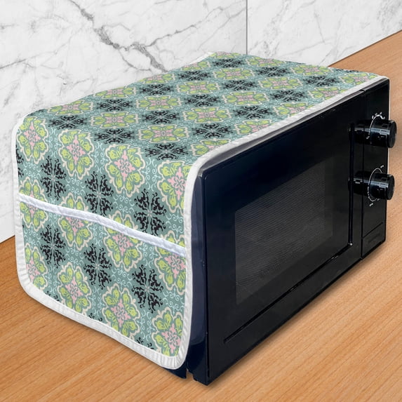 Floral Microwave Oven Cover, Latin Talavera Damask Mediterranean Floral Pattern, Water Resistant Organizer with Pockets for Kitchen, 36" x 12", Multicolor, by Ambesonne