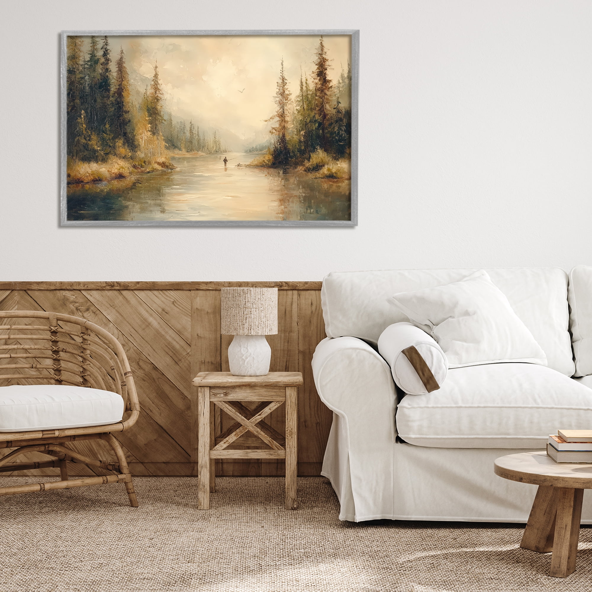 Stupell Industries Fly Fisher at Misty River Gray Framed Giclee Art, design by Petal Prints Design