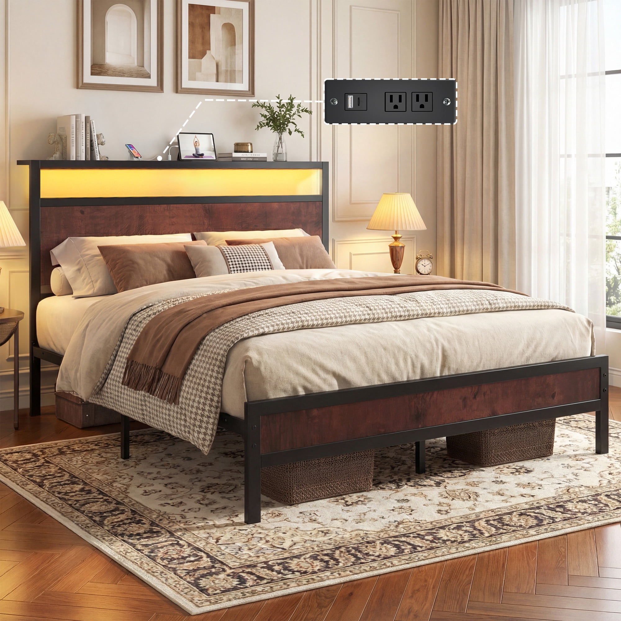 Bolvdo Queen Bed Frame with LED Headboard & Footboard, Built-in Charging Station, Storage Shelf, Noise-Free, No Box Spring Required, Easy Assembly, Coffee Brown
