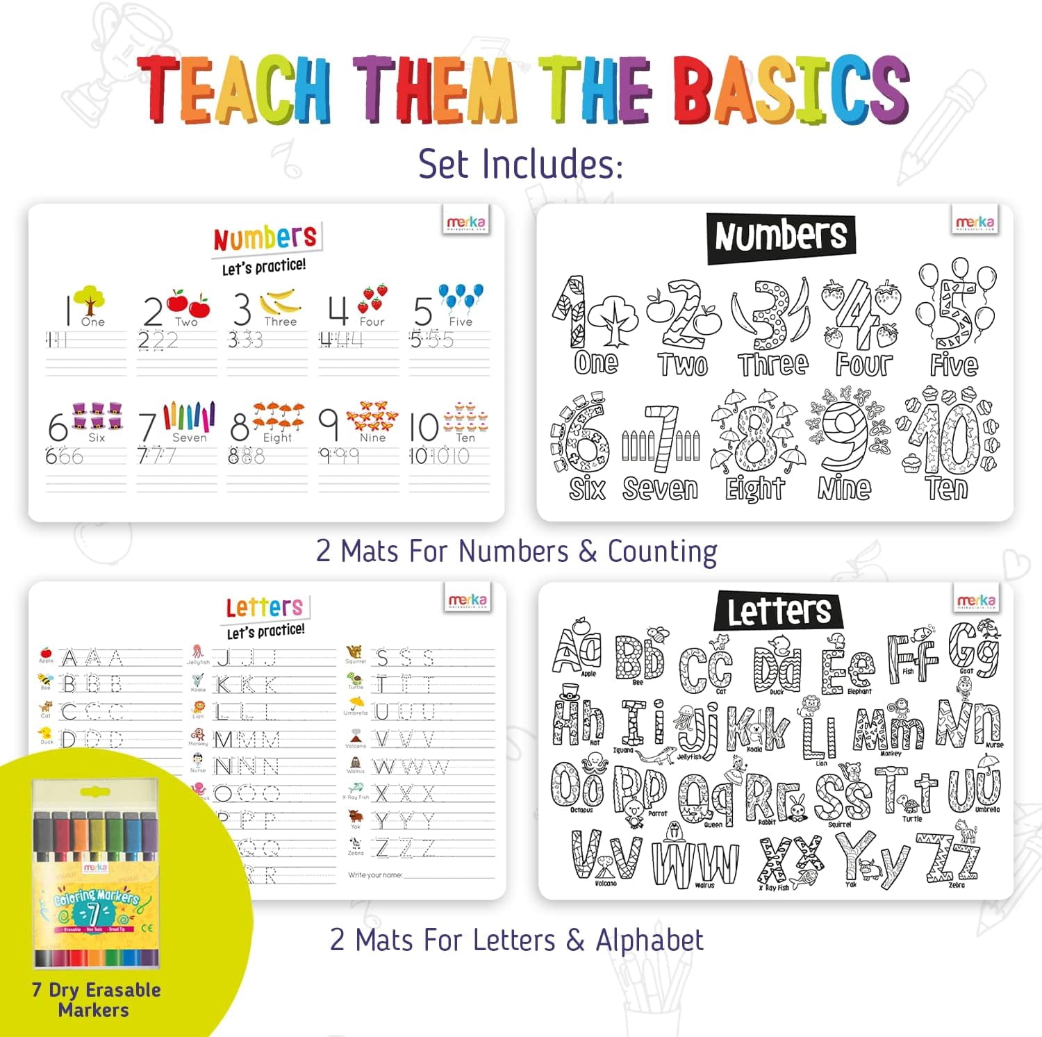merka Alphabet Placemats for Kids Placemat Toddler Placemats for Dining Table Letters and Numbers Set of 4 Mats with 7 Dry Erase Markers for Ages 2 and Up