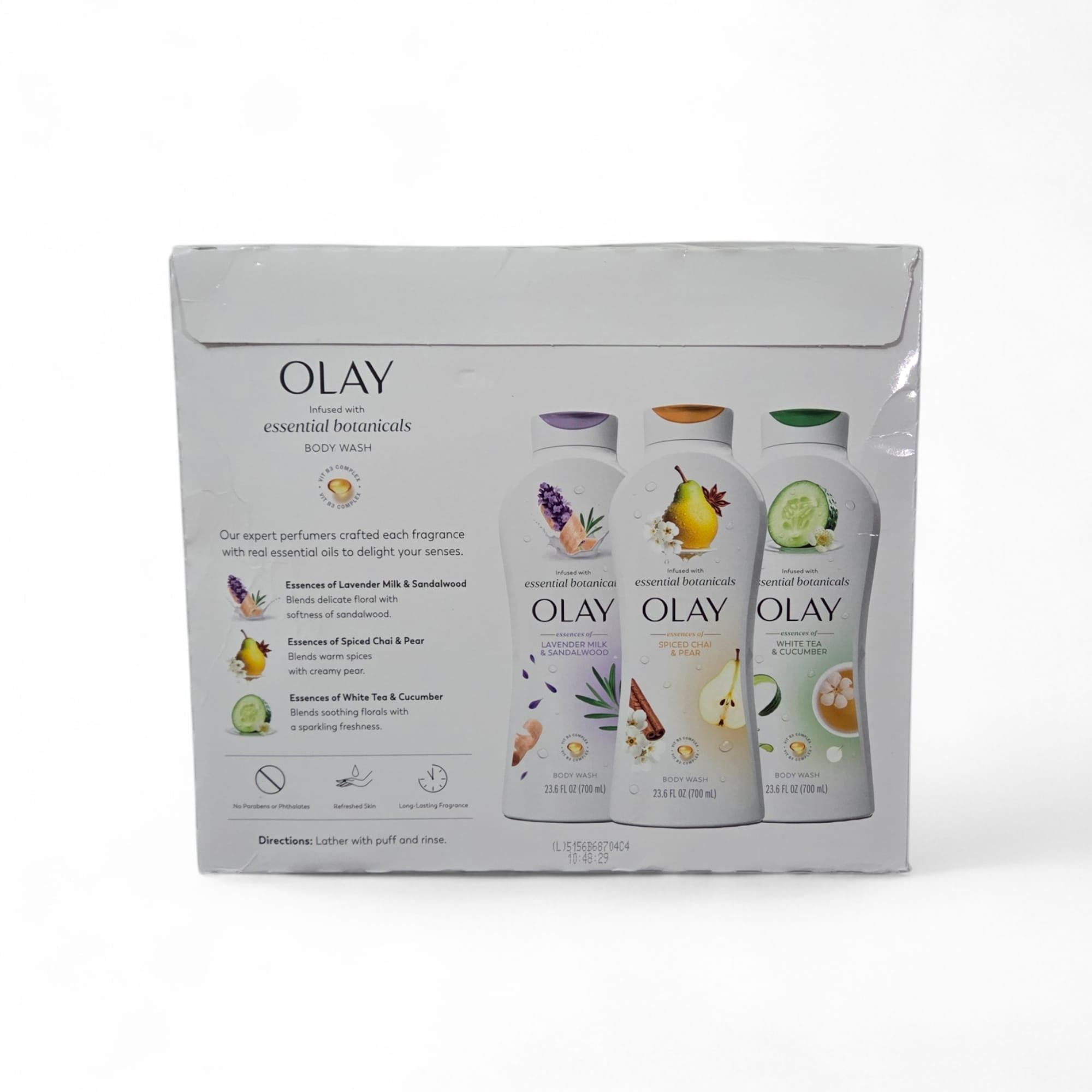 Olay Essential Botanicals Body Wash, 3-Pack (Lavender Milk & Sandalwood, Spiced Chai & Pear, White Tea & Cucumber), 23.6 fl oz Each