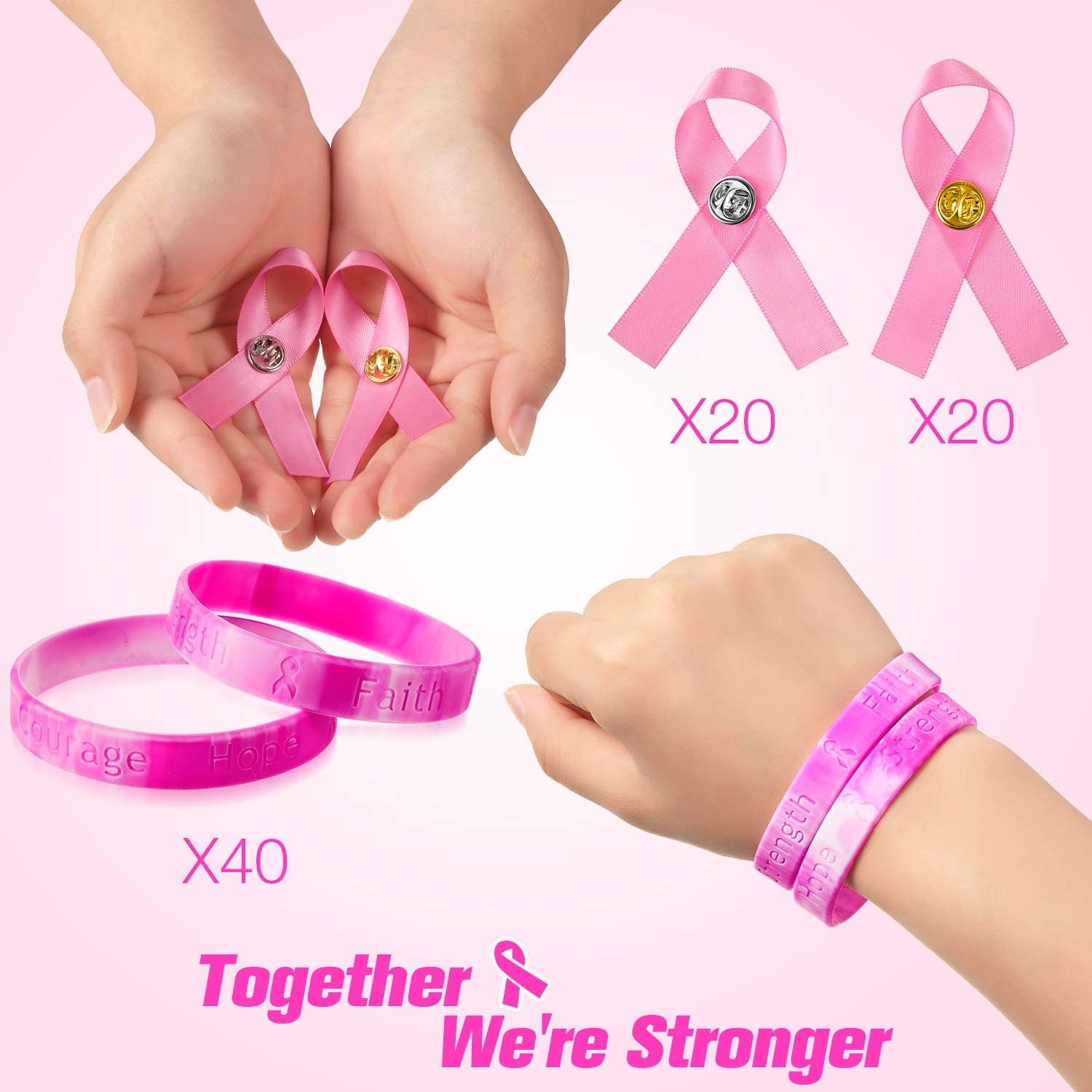 Baby Pink Ribbon of Hope Breast Cancer Awareness Bracelets (Set of TWO –  Silver Moon Bay