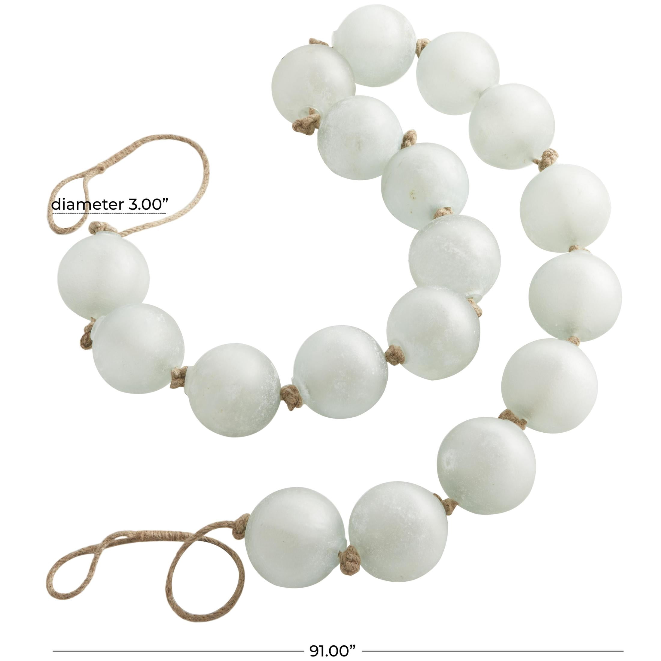 DecMode Handmade Round Extra Long Frosted Orb Teal Glass Garland with Tassel with Knotted Jute Rope