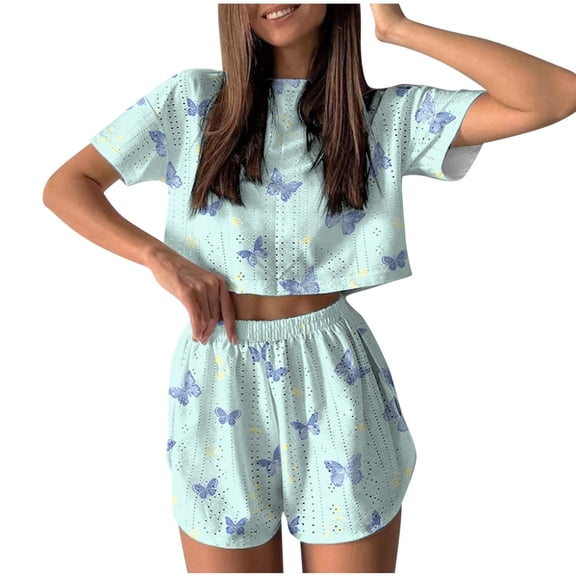Tnhcen Women's Butterfly Print Stretchy Crop Top & Shorts Sleepwear Set - Elastic Waistband Loungewear Soft Lightweight Pajama Set for Women Casual Home Wear S-XL Blue
