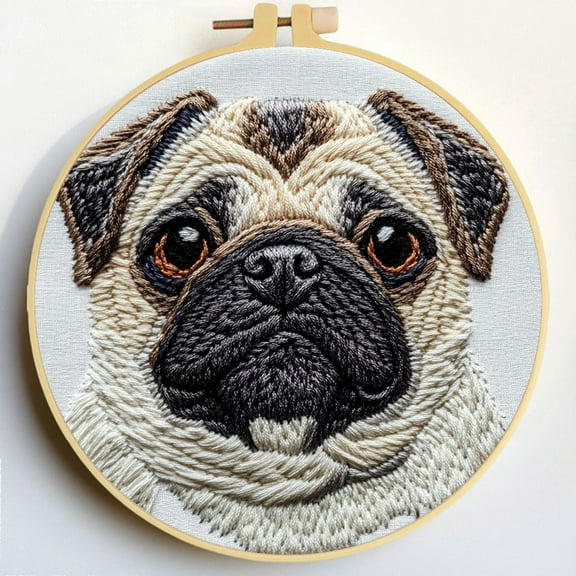 Punch Needle Kits Pug Dog Embroidery Starter Set with Hoop Easy for Beginners DIY Stress Relief Handmade Craft Hobby and Home Decor 20x20cm