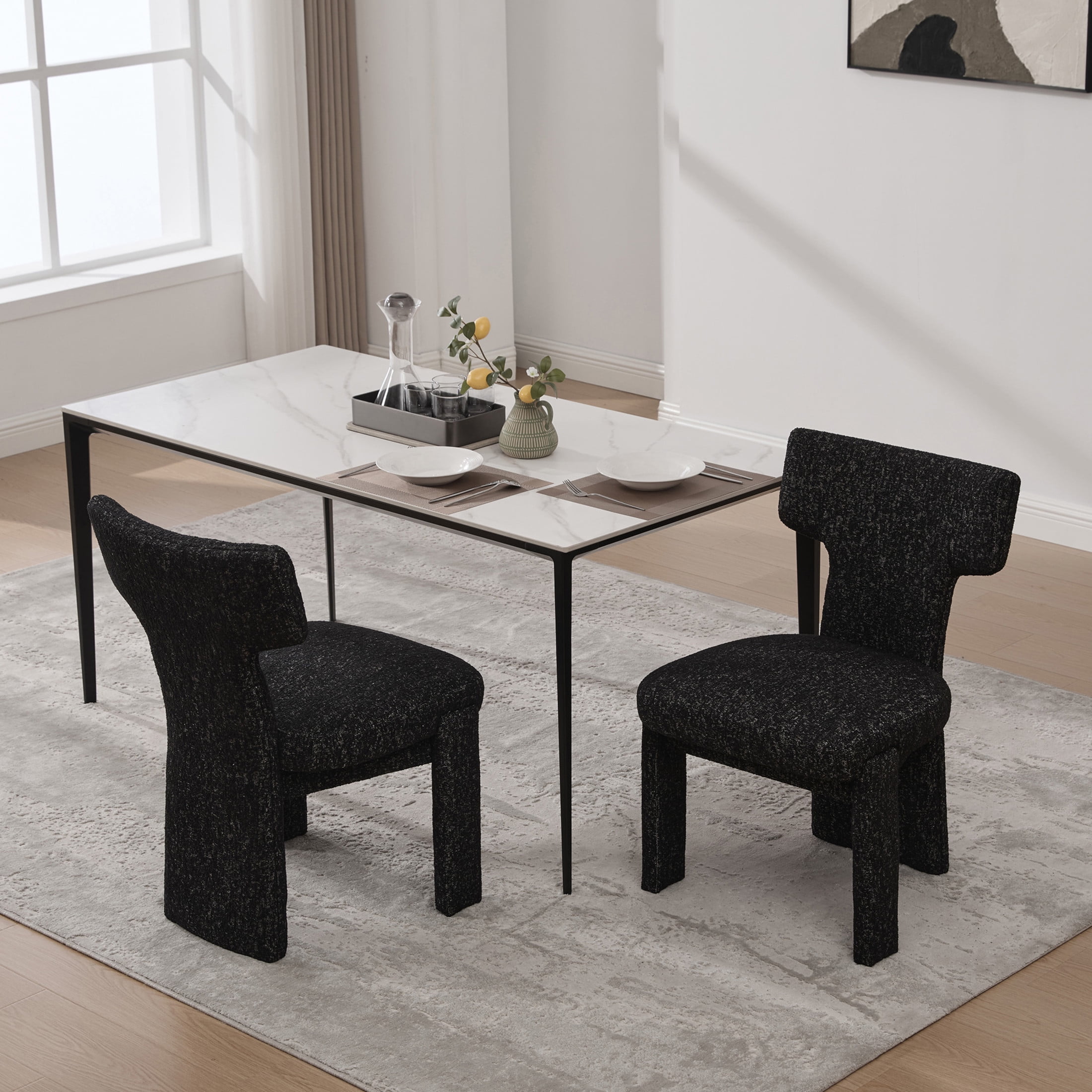Noble House Morse 22" Chenille Dining Chair Set of 2, Armless Curved Back Accent Chairs with Rubberwood Legs, Black & Gray