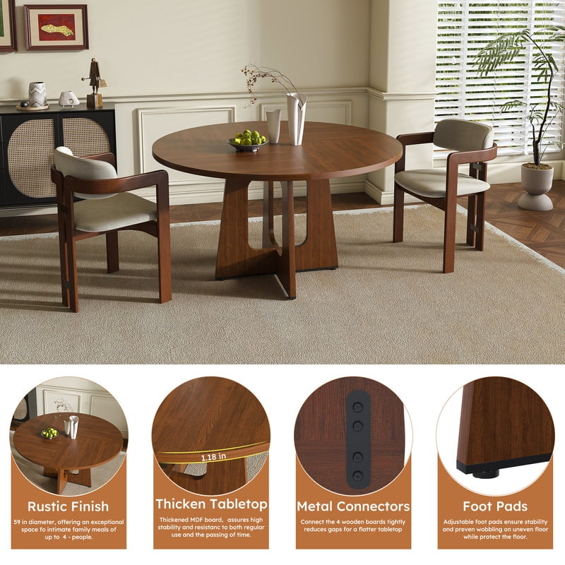Accent Spliced Design Tabletop Round Dining Table for 4, Farmhouse Indoor Kitchen Table with Cross Base & Adjustable Foot Pads