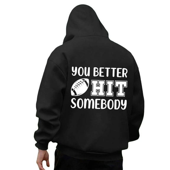 Mens Hoodies Football Game Day Loose Casual Pullover Long Sleeve Hooded Sweatshirt with Print Design Comfortable Warm Fall Winter Daily Wear Sweatshirts for Men Black L