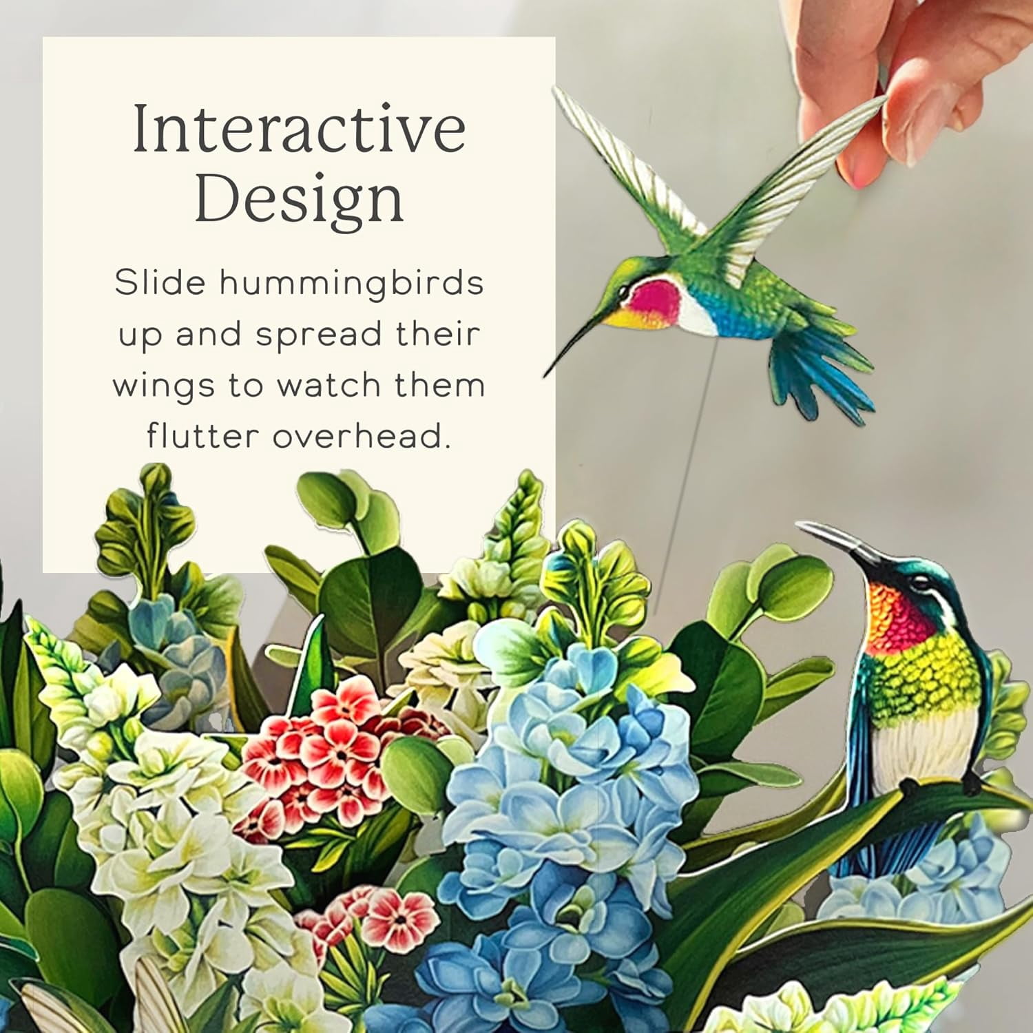 Pop Up Cards, Hummingbird Oasis, 12 Inch Life Sized Forever Flower Bouquet 3D Popup Greeting Card, Birthday Cards, Thank You Card, Blank Notecard & Envelope