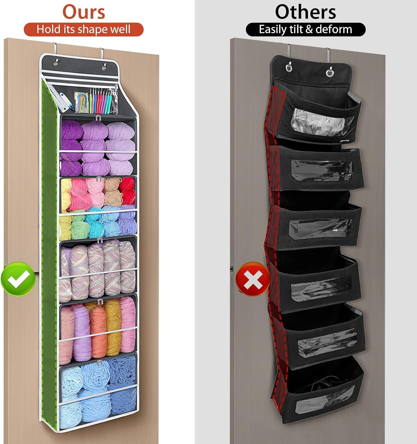 Hanging Yarn Storage Organizer with 6 ZipperClosure Compartments, Large Capacity Knitting Organizer Storage, Over The Door Hanging Yarn Holder for Knitting Needles, Crochet Hooks (Dark Grey)