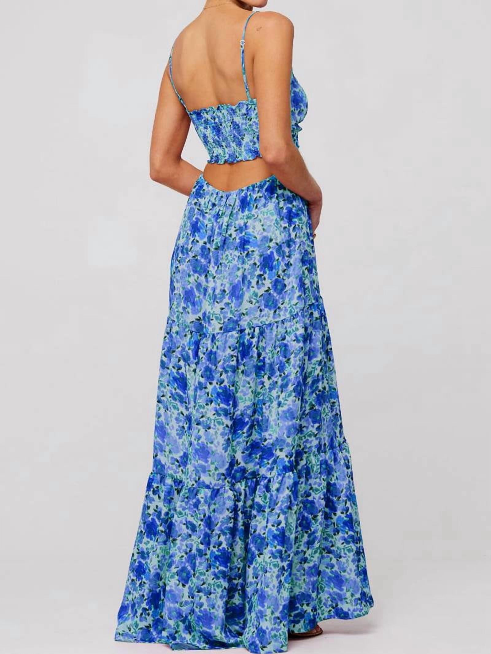 Summer Floral Sundress for Women Spaghetti Straps Hollow Out Tie Front Maxi Dress Flowy Smocked - Dress Blue M
