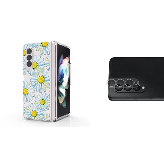 Accessory Bundle for Galaxy Z Fold 4: Slim Snap-On Case (Daisies), Rear Camera Glass Protector