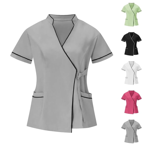 YOIAVAIOY Medical Nurse Uniform for Women Solid Lightweight Comfy Scrubs Short Sleeve V-Neck Tunics with Pockets