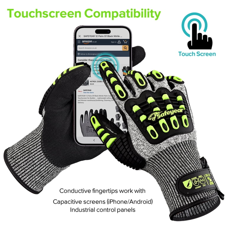 Cut Protection SAFEYEAR ANSI A4 Cut Resistant Gloves, Nitrile Coated with TPR Impact ...