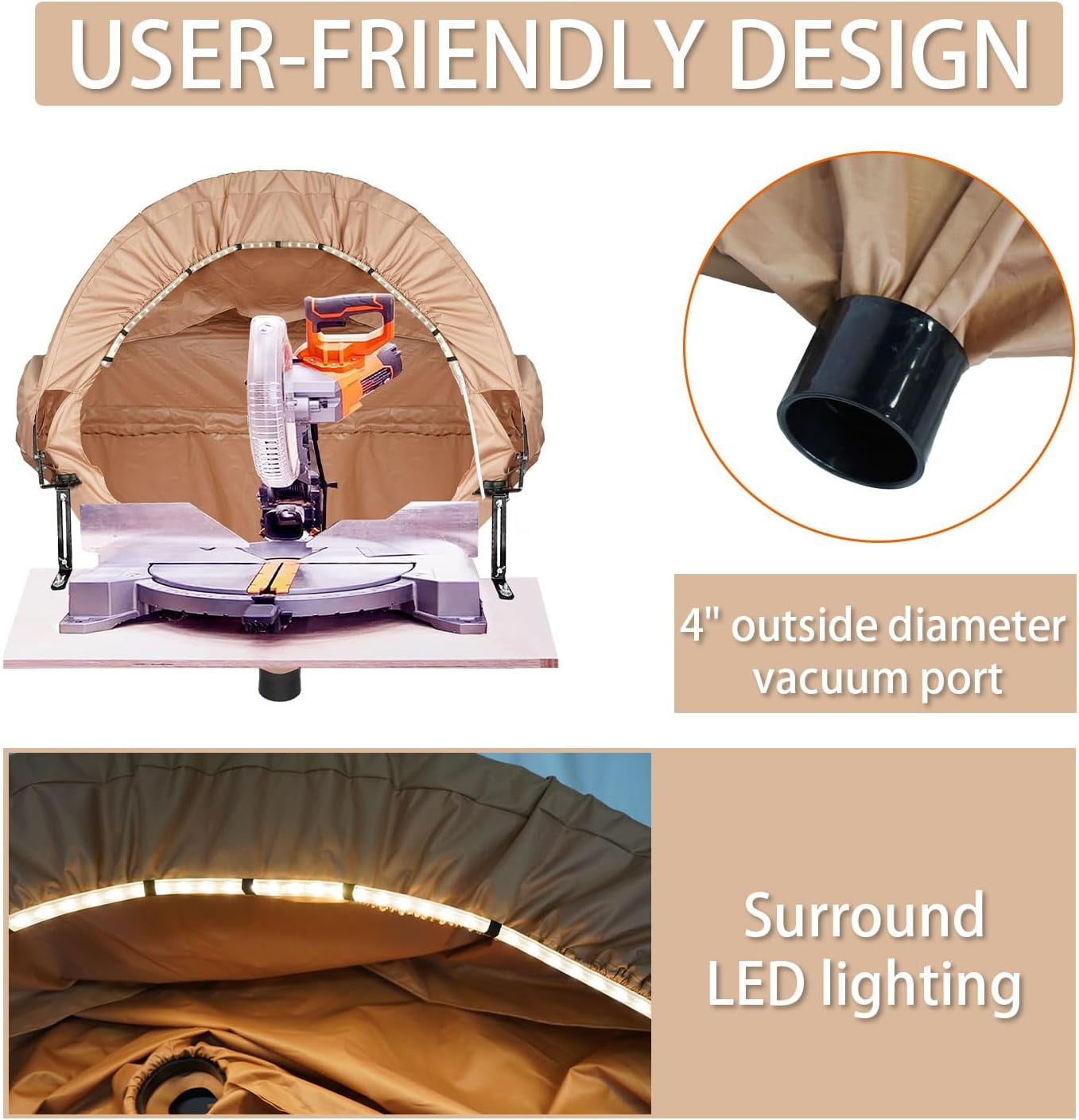 BERPET Miter Saw Dust Collection Hood with LED Light, 4 in Vacuum Port, Compatible with 10 in and 12 in Miter Saws