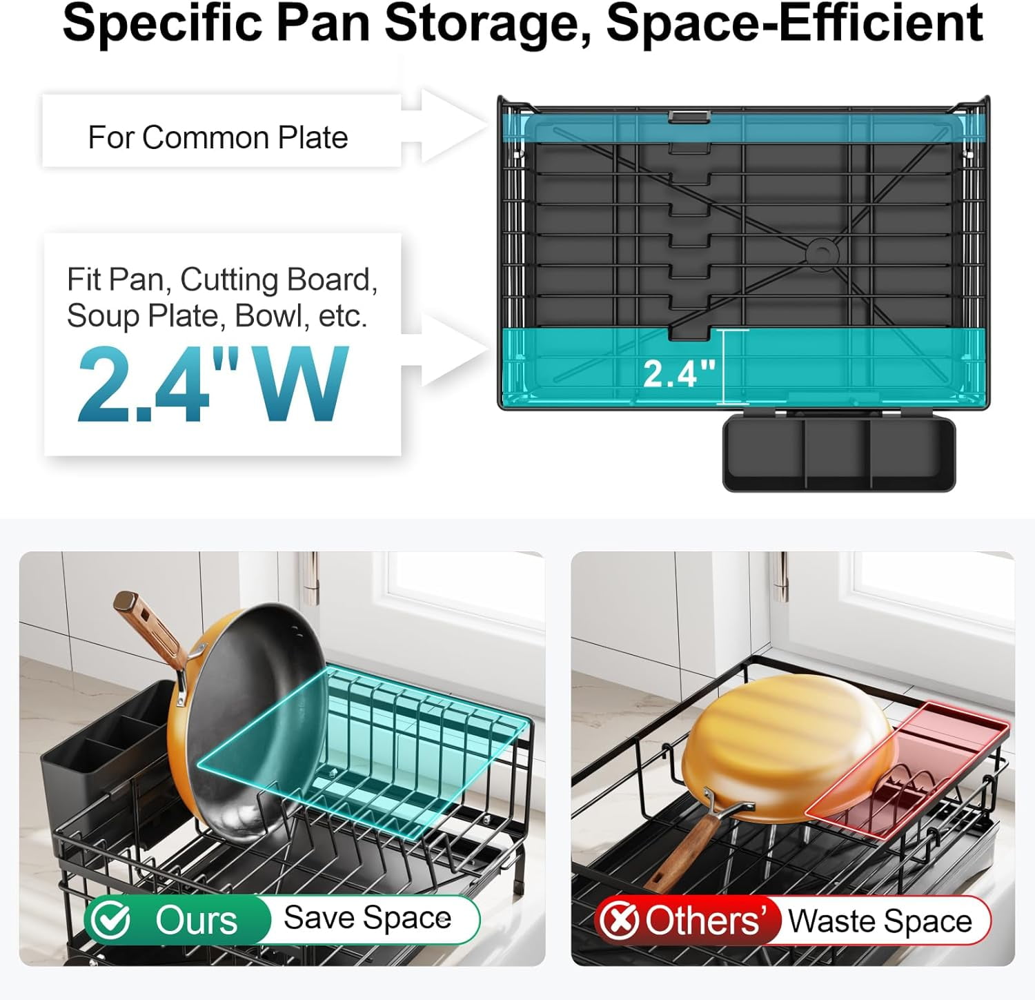 Expandable Dish Drying Rack - Anti-Rust 2-in-1 Dish Racks for Kitchen Counter and Sink, Compact Dish Drainer with Pan Slot, Dish Rack with High Raised Edges for RV and Apartment, Black