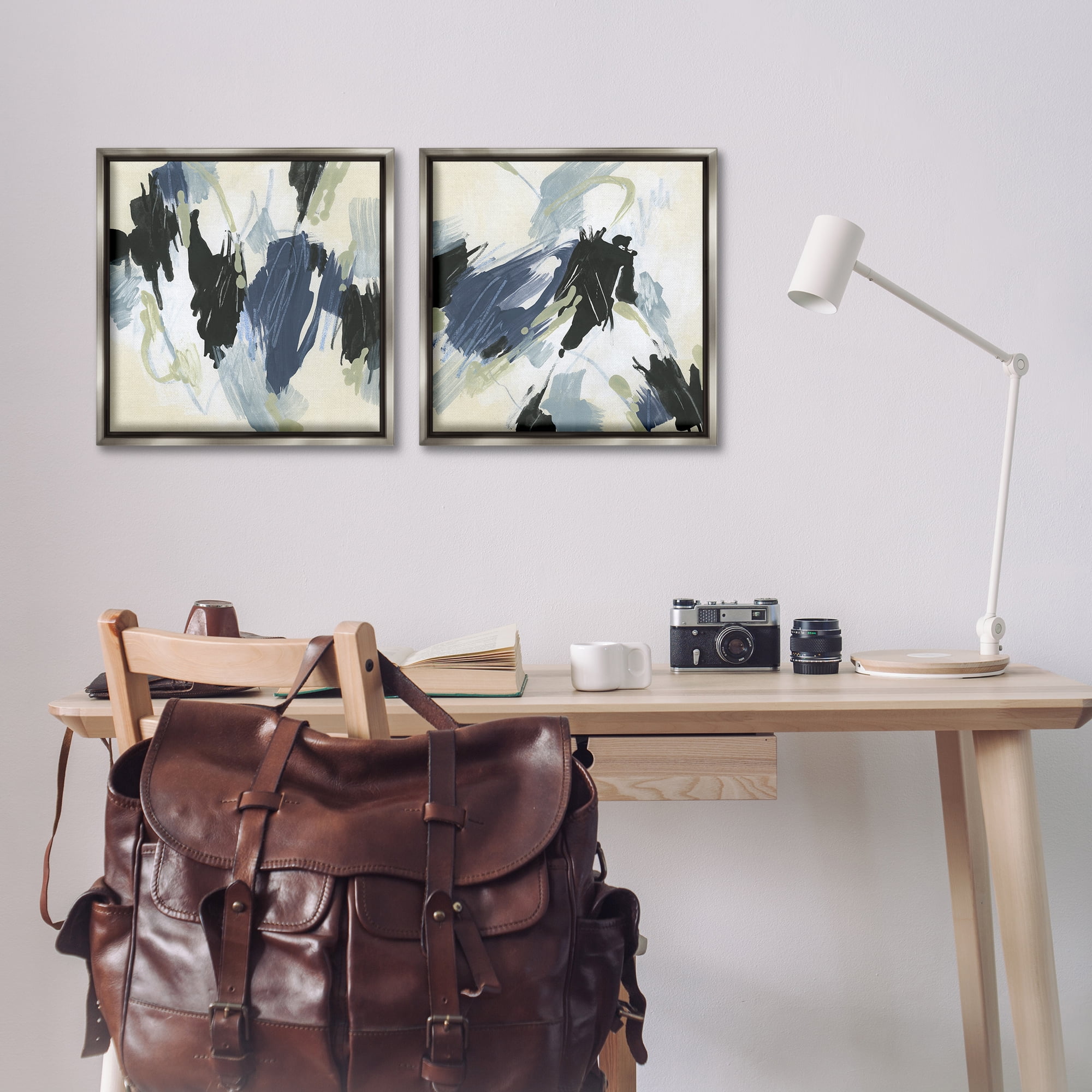 Stupell Industries Muted Blue Green Abstract Patches Abstract Painting Gray Floater Framed Canvas Art Print Wall Art, 18 x 18, Set of 2
