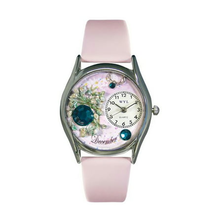Whimsical Birthstone: December Pink Leather And Silvertone Watch
