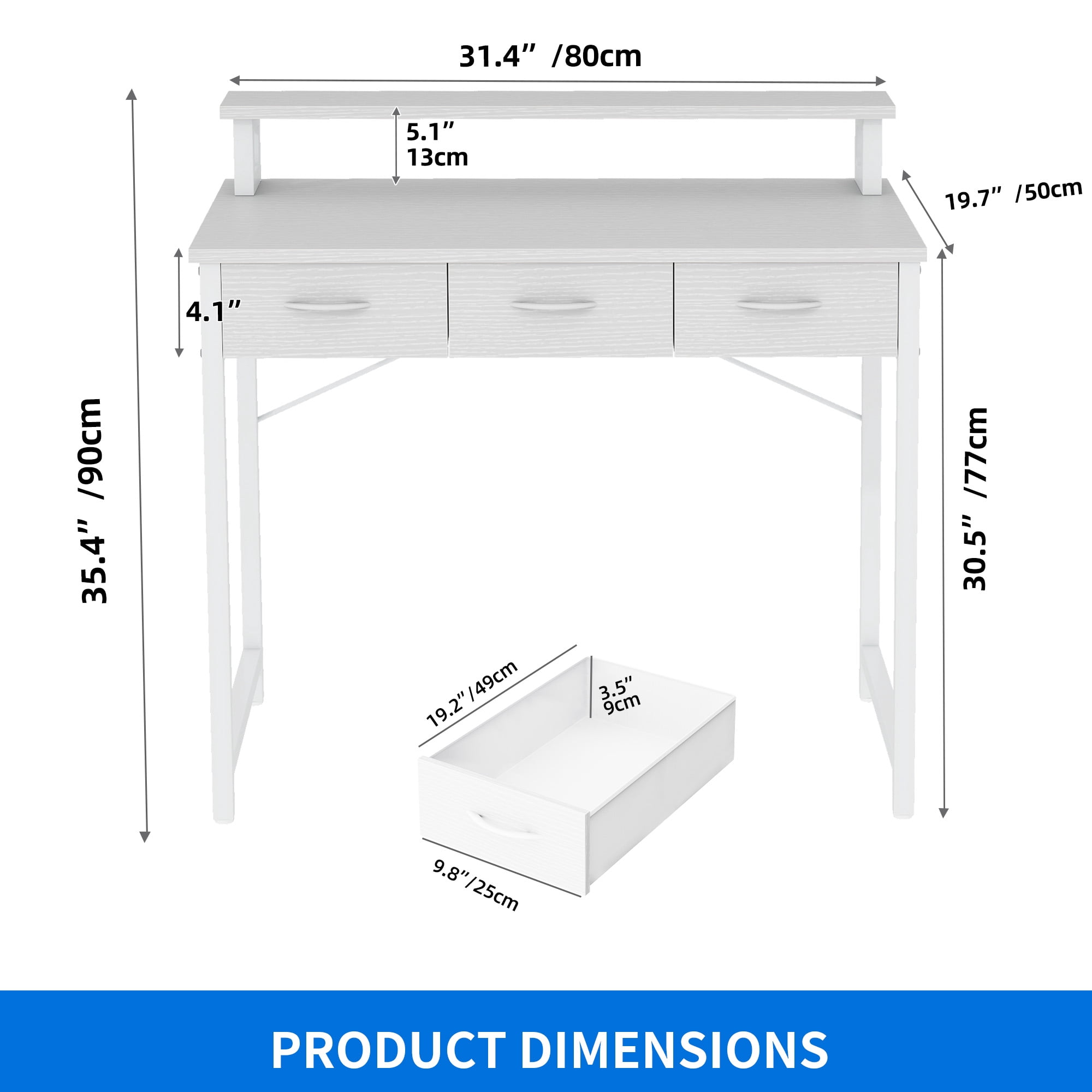 Uforic 31" Computer Desk with Monitor Stand & 3 Drawers, Modern Small Study Desk with Hooks , Home Office Desk Writing Desk for Small Space,Living Bedroom, Gaming, White