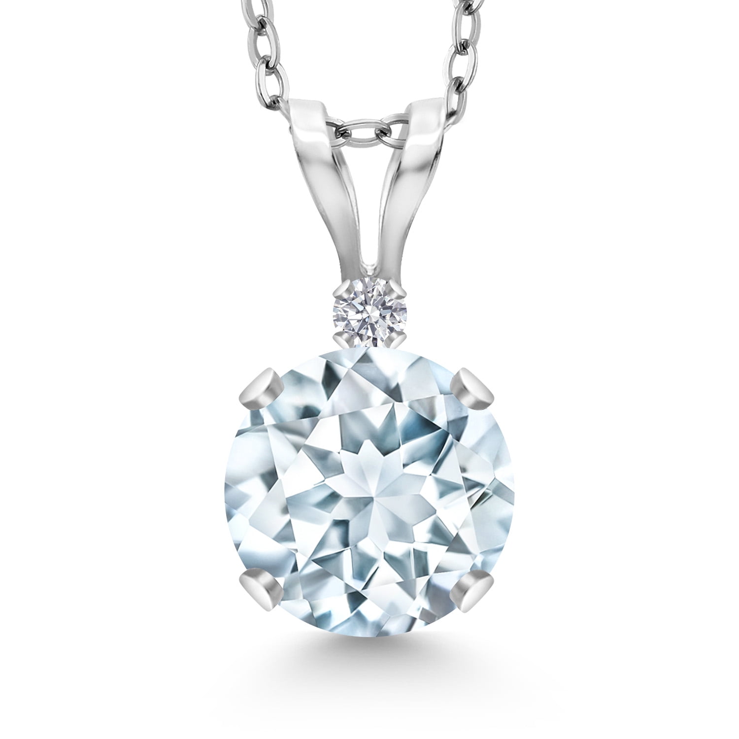 Gem Stone King 14K White Gold Sky Blue Aquamarine and Lab Grown Diamond Pendant Necklace for Women | 0.77 Cttw | Gemstone March Birthstone | Round 6MM | With 18 inch Silver Chain