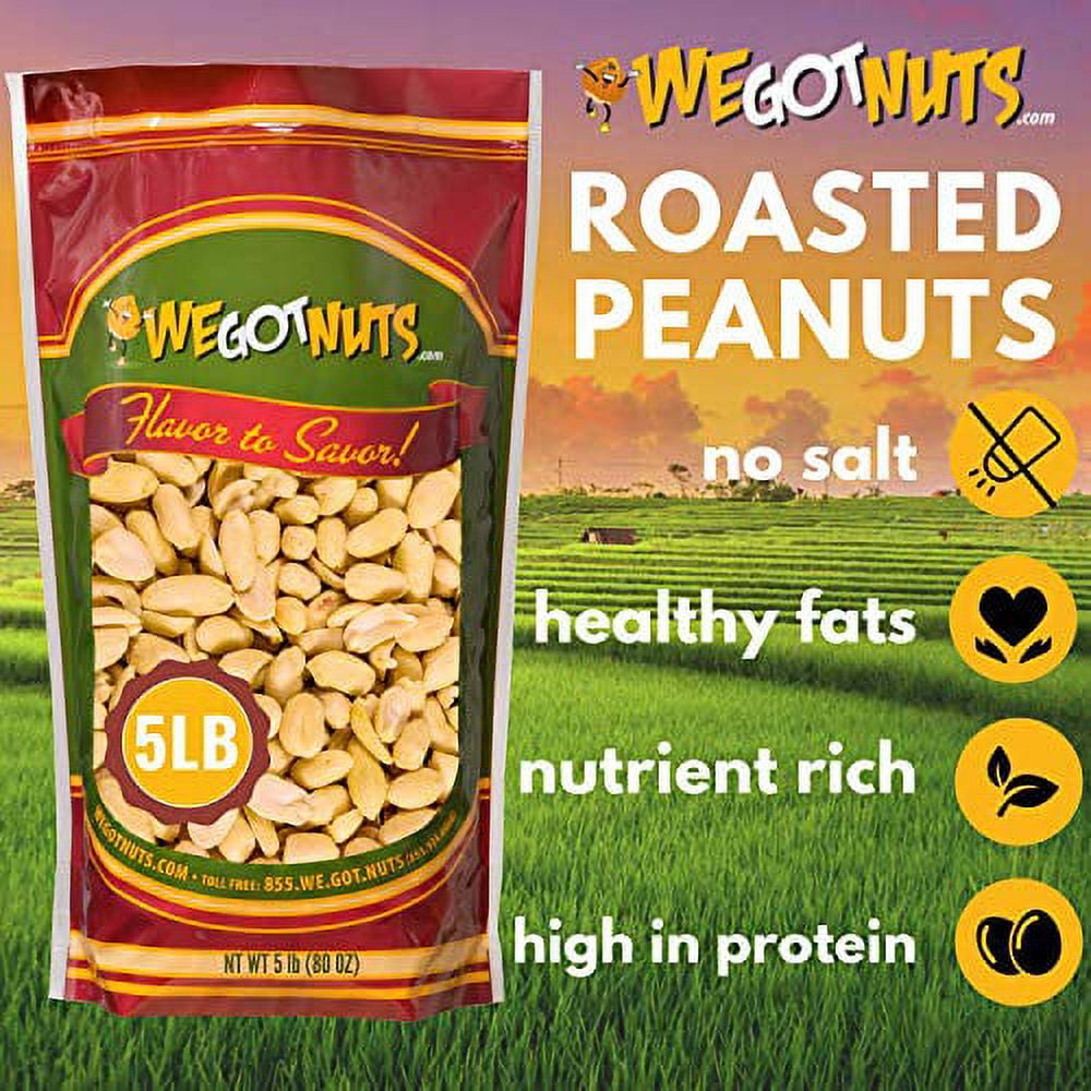 We Got Nuts Jumbo Blanched Roasted Unsalted Peanuts, Kosher, 5 lb, 80 oz, Resealable Bag